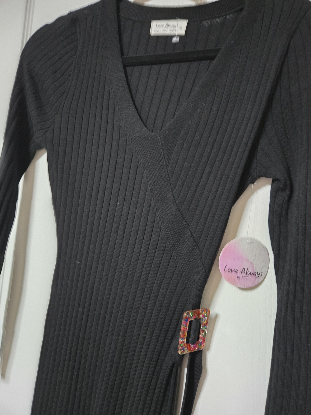 New Look Black Ribbed Wrap Dress with Confetti Buckle